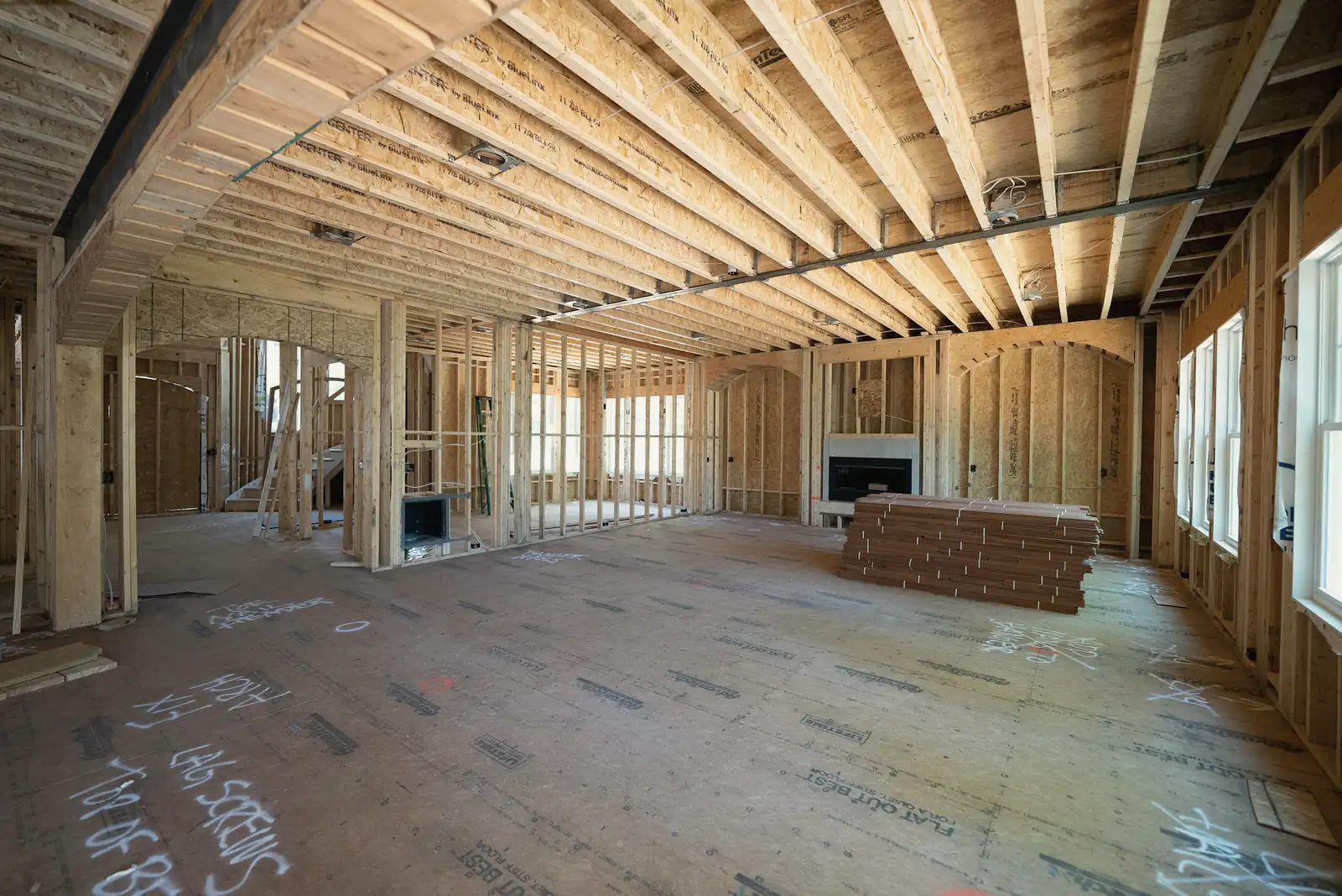 The framed-out inside of a house before the drywall goes up
