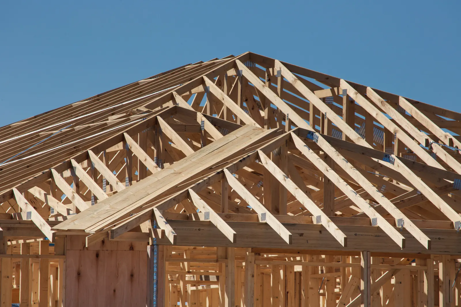 Roof trusses set on a timber-framed house